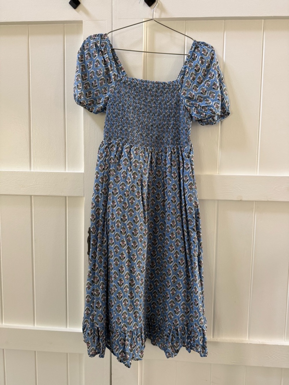 J. Crew Factory Blue Smocked Puff Sleeve Midi Dress- Size SmallP